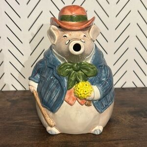 1987 Fitz & Floyd Pig Pitcher Removable Hat Cane Hand-Painted Ceramic 1.5qt VTG